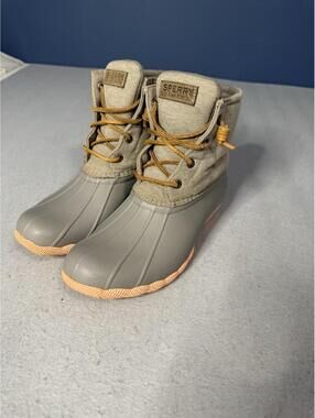Sperry Saltwater Canvas Duck Boots Womens 8 Grey Tan Coral STS85226 Waterproof